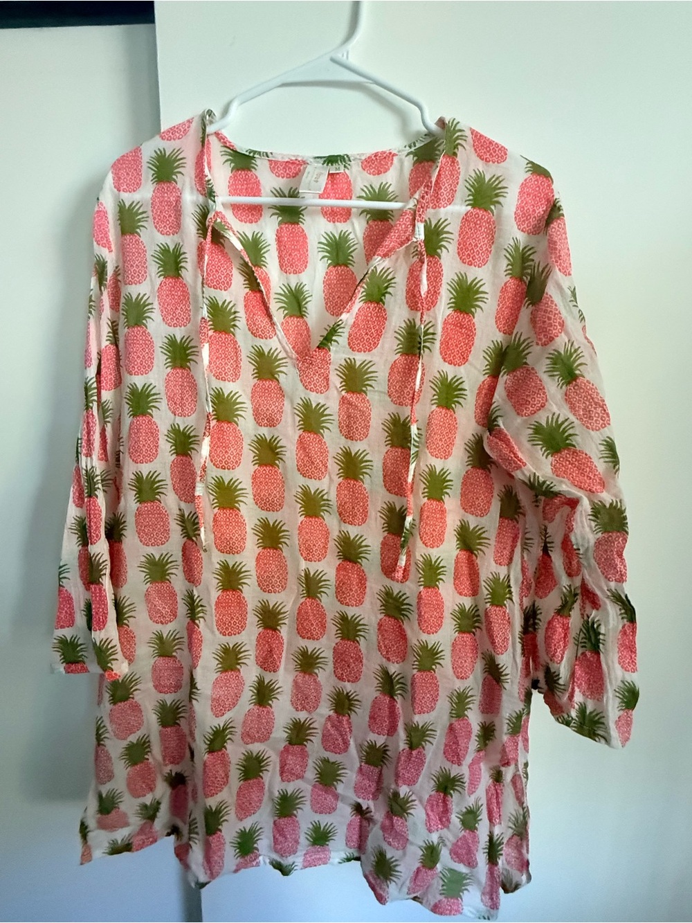 Tropical Pineapple V-Neck Tunic Top - Pink & Green